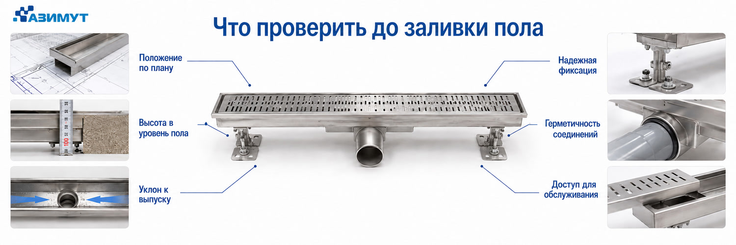Что проверить до заливки пола для системы водоотведения | Инфографика ГК Азимут